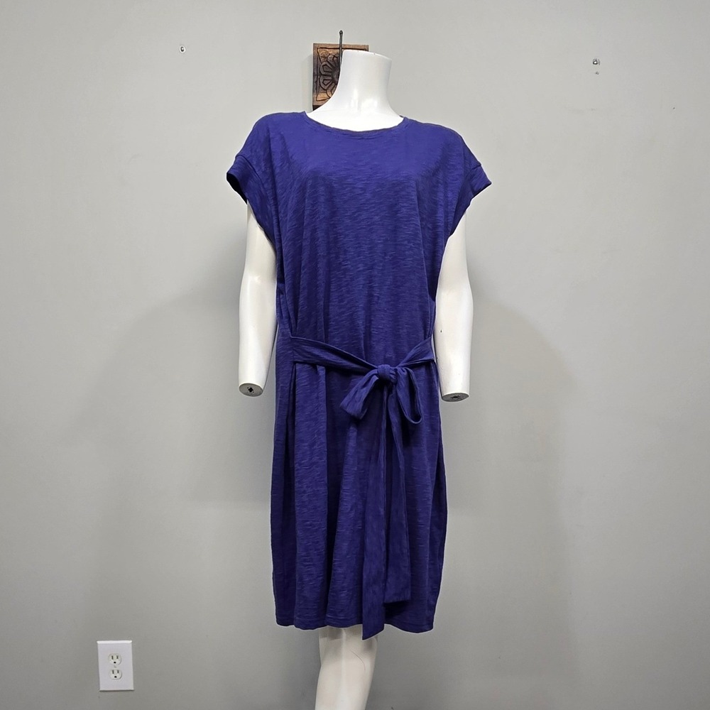 J. Crew Tie Waist T Shirt Dress XL‎ Purple Slub Cotton Knit Mini Casual Workwear